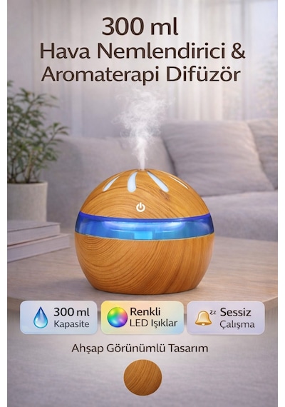 300 Ml Ahşap Tasarımlı Ultrasonik Hava Nemlendirici Aromaterapi Difüzör Rgb Işıklı Sessiz