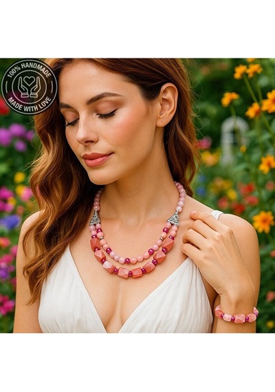 Pembe Sedef Pembe Kuvars Aşk Ve Zarafet Kolye Bileklik Seti Çok Renkli