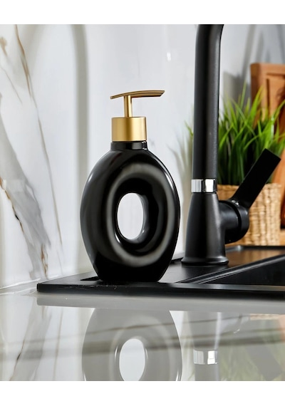 Gold Tasarımlı Lüx Porselen Banyo Ve Mutfak Sıvı Sabunluk Siyah