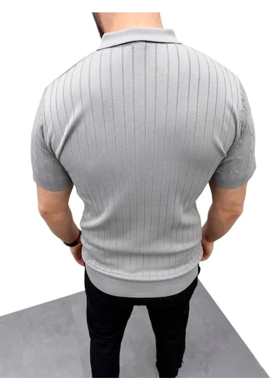 Suma Erkek Yazlık Triko Saç Örgü Tişört Kısa Kol Polo Yaka Fermuarlı T-shirt - Gri