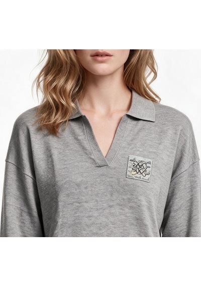 Daido Daıdo Kadın Polo Yaka Rahat Kesim Örme Triko Bluz Yama Cepli Gri