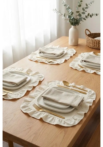 Pamuklu Fırfırlı Kare Supla 6'lı Set Amerikan Servis 33 Cm Supla Açık Krem