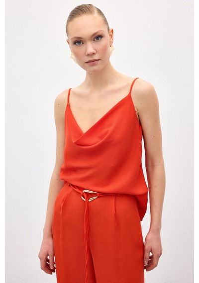 Sateen Degaje Yaka Dökümlü Bluz - Oranj-136692 Oranj