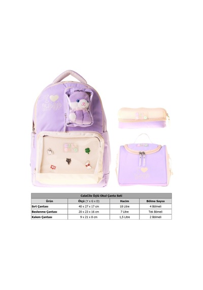Calacilo K-pop Lilac Peluş Ayı Aksesuarlı Lila Kız Çocuk Üçlü İlkokul Okul Çantası Seti - Setcc-c4104a