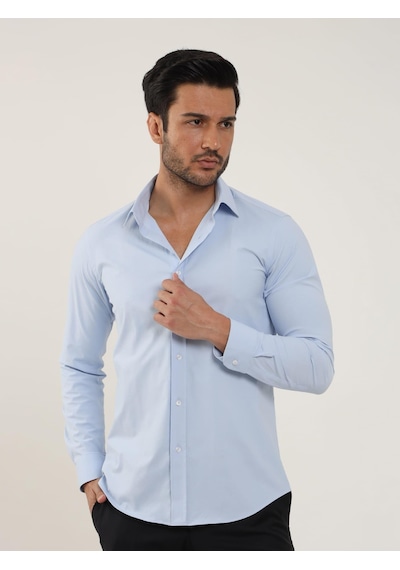 Dufy Mavi Erkek Slim Fit Düz Klasik Yaka Uzun Kol Gömlek - 88174 Mavi