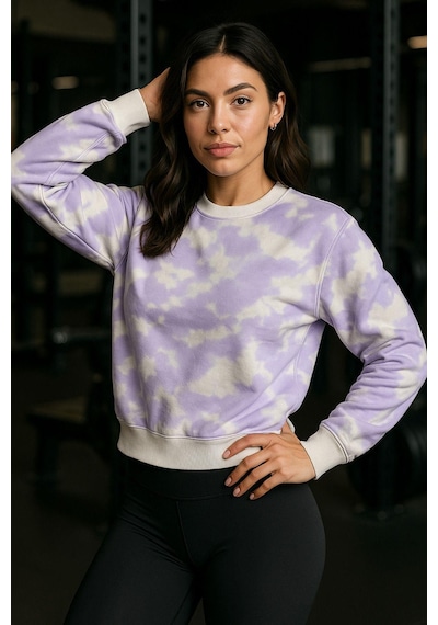 Kadın Batik Desen Bisiklet Yaka Renkli Oversize Relaxed Uzun Kollu Sweatshirt Çok Renkli