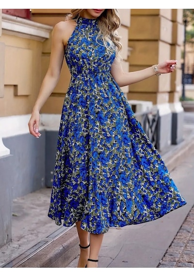 Efnaz Style Kadın Omuz Dekolteli Halter Yaka Desenli Maxi Süprem Elbise Mavi