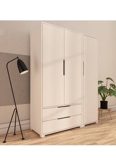 Flora 3 Kapaklı 2 Çekmeceli Gardırop Beyaz Elbise Dolabı