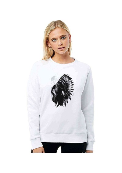Kızılderili Kız Baskılı Beyaz Kadın Sweatshirt (528357414)