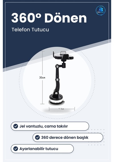 Araç İçi Telefon Tutucu Jel Vantuzlu Cama Takılabilen Güçlü Döner