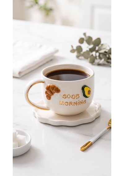 Good Morning El Yapımı Seramik Kupa 24k Altın Detaylı Çok Renkli