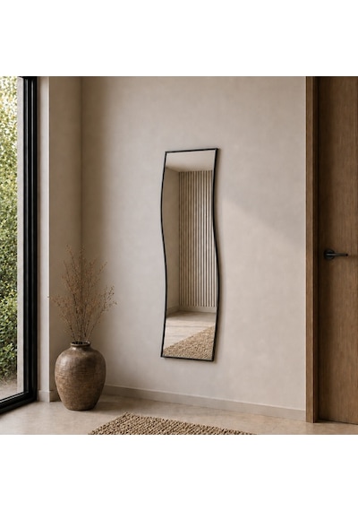 Modern Dalgalı Boy Aynası 40x120 Cm Organik Formlu Minimalist Dekoratif Duvar Aynası 2026 Trend Siyah