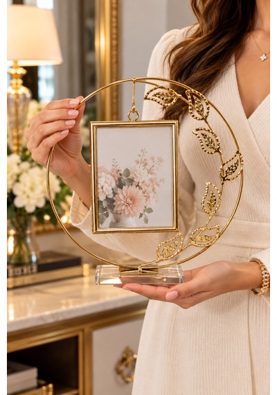 Gold Yaprak Desenli Dekoratif Fotoğraf Çerçevesi 27x26 Cm Şık Metal Resimlik
