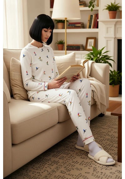 Benerly Kadın Bisiklet Yaka Uzun Kol Regular Kalıp Waffle Örme Pijama Tak Beyaz