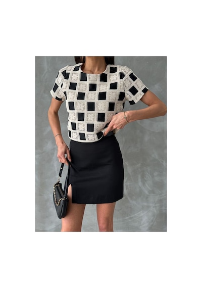 Verymoda Kısa Kollu Dama Desen Tiğişi Bluz D2619 Siyah Ham