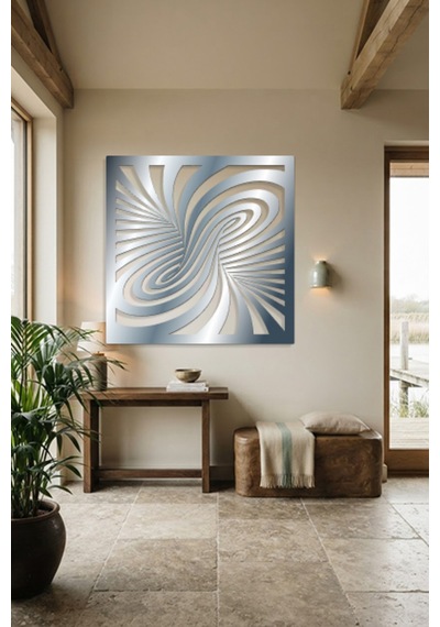 Optik İllüzyon Metal Duvar Tablosu - Metal Duvar Sanatı - Duvar Dekoru - 75 X 75 Cm Gümüş