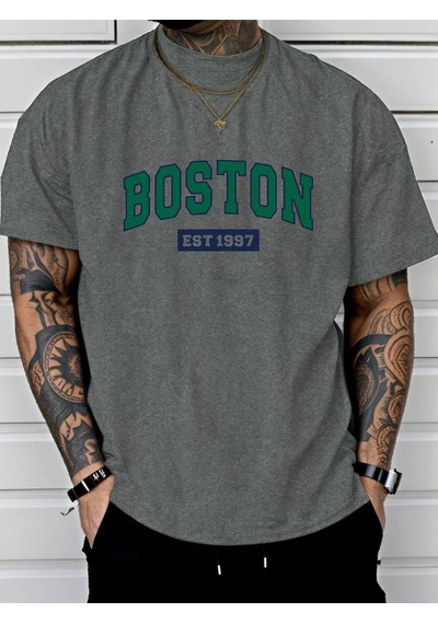 Noıssey Gri Erkek Beyaz Siyah Gri Oversize Boston Est 1997 Baskılı Bisiklet Yaka