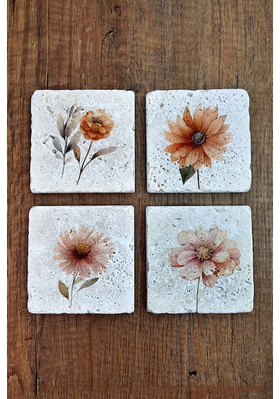 Çizgi Çiçek Temalı Doğal Taş Bardak Altlığı - Stone Coasters Çok Renkli
