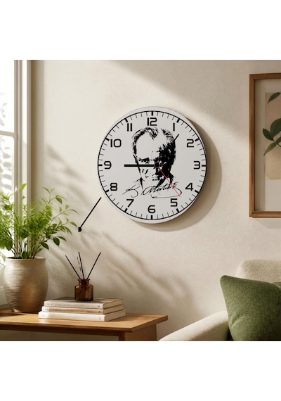 Atatürk Portreli Ve İmzalı Metal Duvar Saati - Ofis Ve Salon Saati beyaz