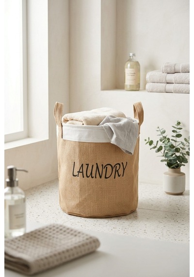 Çamaşır Sepeti Kumaş Kulplu Jüt Kumaş Katlanabilir Laundry Yazılı Bej Renk Açık Kahverengi