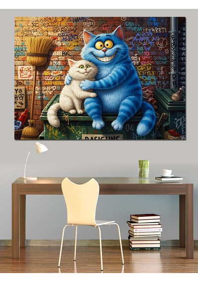 Mavi Şişman Kedi Ve Arkadaşı Dekoratif Kanvas - Mdf Ahşap Tablo