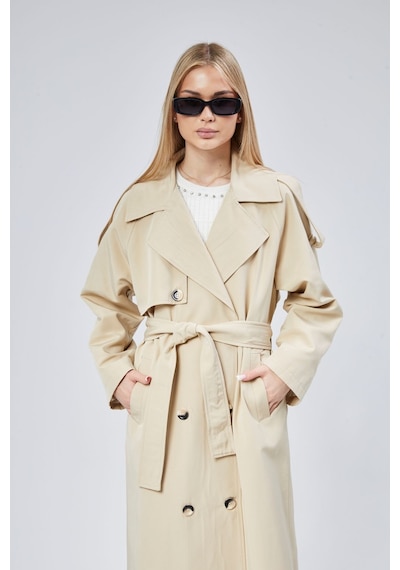 Kadın Oversize Astarlı Uzun Trençkot Vizon