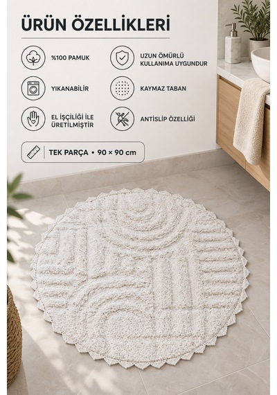 Alanur Bodrum Tufting Cotton Pamuklu El Işi Örgülü 90 X 90 Cm Paspas 113 Beyaz
