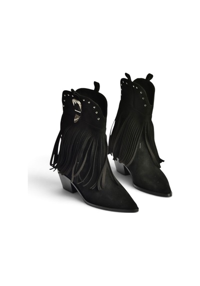 Fox Shoes Z726104202 Siyah Süet Kalın Alçak Topuklu Püsküllü Kovboy Model Kadın Bot