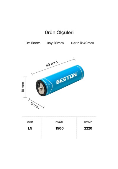 Beston Usb Type-c Kablo İle Şarj Edilebilir Lityum 2'li Kalem Pil 1.5v Aa / 2220 Mwh 500mah