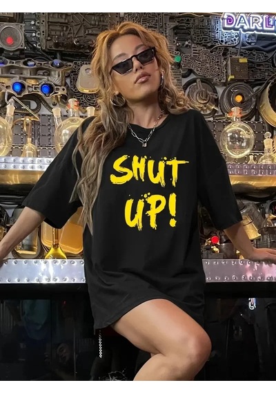 Kadın Tişört Shut Up Baskılı Bisiklet Yaka Kısa Kol T-shirt - Siyah