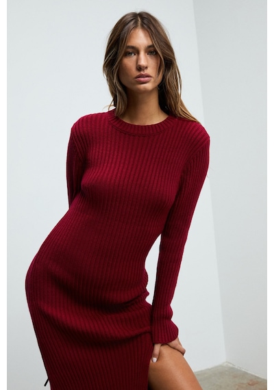 Grımelange Soreya Kadın Yuvarlak Yaka Çizgi Desenli Yırtmaçlı Slim Fit Triko Bordo Elbise Bordo