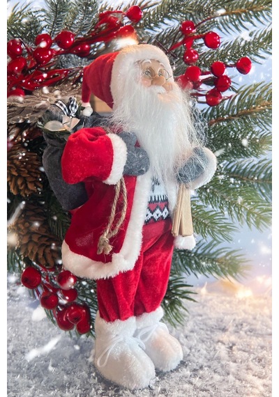 Yılbaşı Süsü Noel Baba Biblo Figür Büyük Boy 45cm -kayakları, Hediye Çuvalı Ve Aksesuarları İle 45