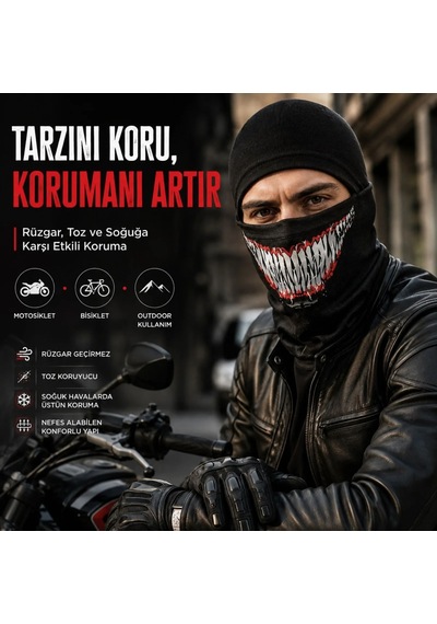 Ulupazarlama Unisex Tam Yüz Balaklava Diş Desenli Kışlık Maske Nefes Alan Esnek Kask Altı Boyunluk Yumuşak Viskoz Siyah