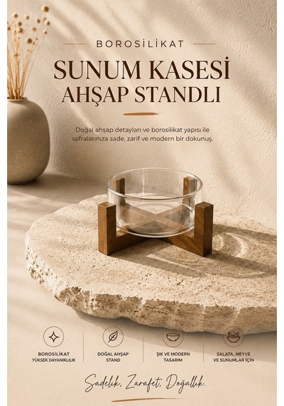 Akasya Standlı Borosilikat Cam Salata Ve Sunum Kasesi - Meyve Sunum Kasesi 1800ml Kahverengi