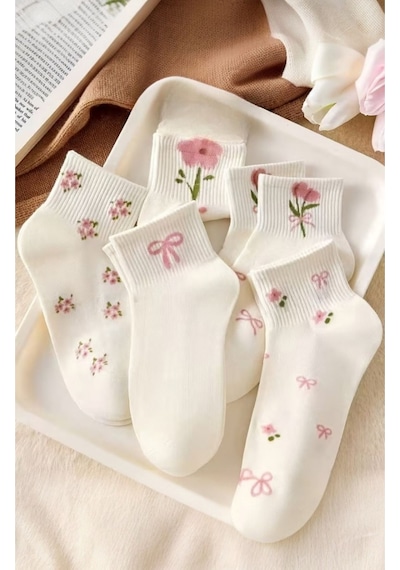 Hitit Socks Kadın 5 Çift Premium Karışık Çiçek Desenli Kısa P... Çok Renkli