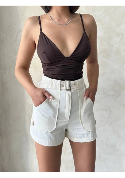 Kazax Kemer Detaylı Gabardin Şort Krem S25289 Krem