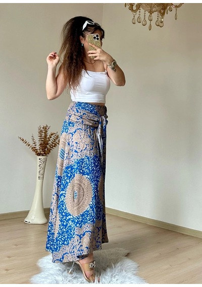 Azra Butik Otantik Desenli Etek Mavi