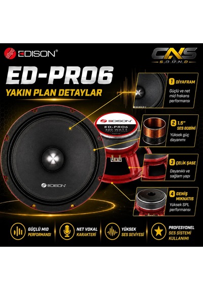 Edıson Ed-pro-6 16cm Midrange Hoparlör 400w Maksimum Güç 200 Rms Profesyonel Oto Ses Sistemi
