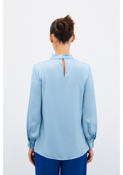 Sateen Yaka Detaylı Saten Bluz - Bebe Mavi-134912 Bebe Mavi