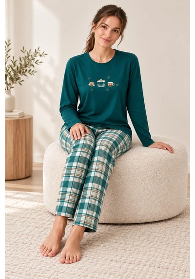 Gd Goldoremi Kadın Ekose Desenli Likralı Termal Kumaş Uzun Kollu Yeşil Pijama Takımı