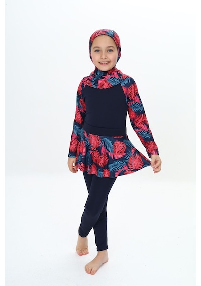My Kids Wear Üç Parça Kız Çocuk Haşema, Tesettür, Etekli, Kapalı Mayo Kırmızı - Lacivert