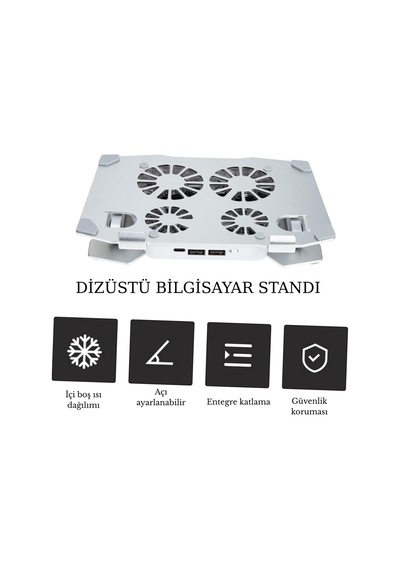 X16 Alüminyum Katlanabilir Laptop Soğutucu Stand 4 Fanlı Led Işıklı Ergonomik Tasarım Soğutucu Stand Gri - 789086616
