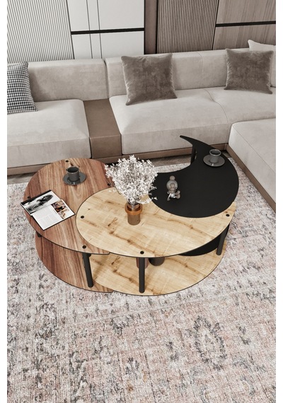 Yin Yang Unıty Serenıty Orta Sehpa 3 Lü Safir Meşe Madran Ceviz Siyah 90 Cm Çap Siyah