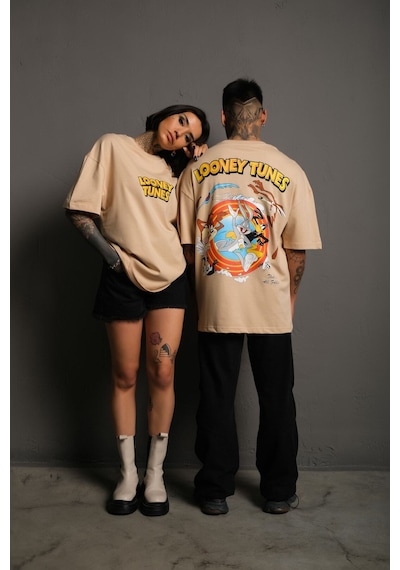 Noıssey Kod:ızeı - Unisex Oversize Looney Tunes Baskılı Pamuklu T-shirt P--1003 Bej