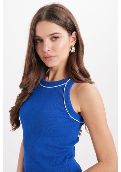 Tudors Kadın Slim Fit Dar Kesim Pamuklu Askılı Bisiklet Yaka Biyeli Saks Mavi Crop Atlet-50982