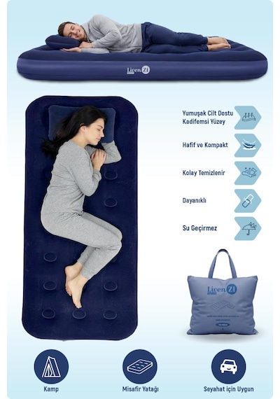 Livenzi Tek Kişilik Şişme Yatak & Yastık 191 76 22 Cm Lacivert