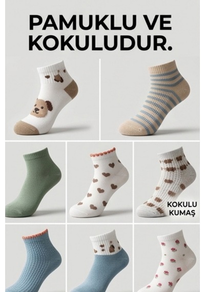 Desenli 9 Çift Özel Yıkanmış Parfümlü Pamuklu Bilek Boy Unisex Çorap Seti Karışık