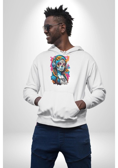 Kulaklık Müzik Dinleyen Kız Kadın Erkek Beyaz Kapüşonlu Sweatshirt Hoodie Beyaz