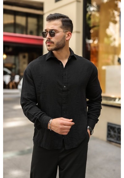 Veraura Lifestyle Erkek Rahat Kalıp Pamuklu Müslin Kumaş Gömlek Siyah
