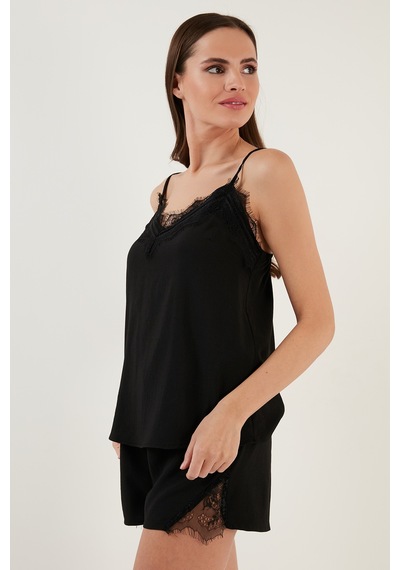 Lela Dantelli V Yaka Ip Askılı Mini Şortlu Bayan Pijama Takımı 6110300 Siyah